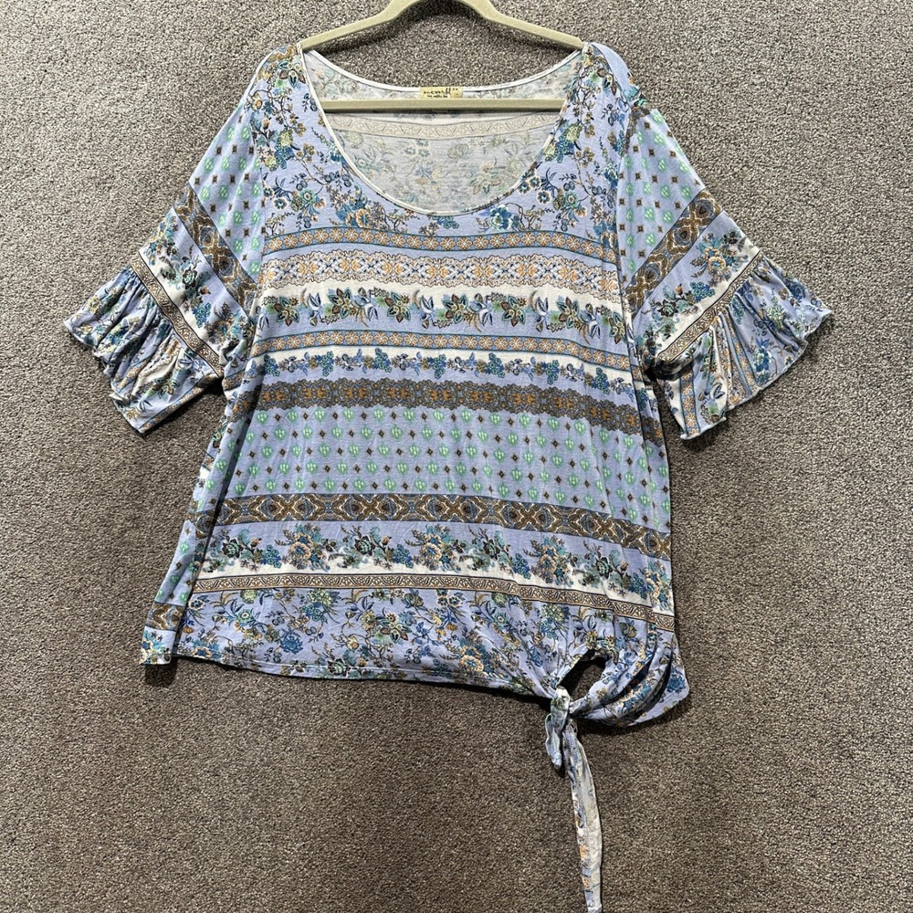 One World Blouse Top Womens 2X Blue Floral Boho Side Tie Ruffle Sleeve Boho